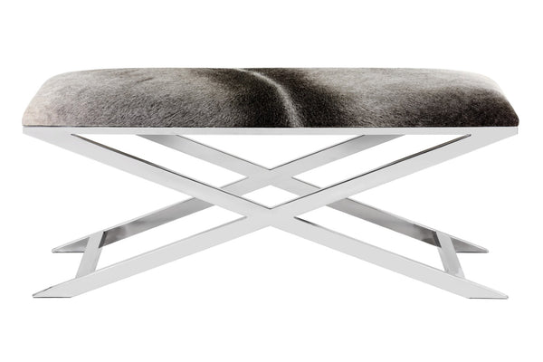 Sunpan SAHARA Bench – Handcrafted Cowhide & Stainless Steel Seating for Luxurious Entryways & Lounges 101703