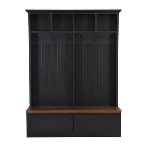 English Elm Rattan Door Hall Tree Bench with 6 Hooks Farmhouse Entryway Storage Black + Dark Walnut N721S000076B