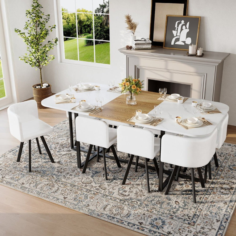 English Elm 9-piece Square Dining Set Faux Marble Wood Grain Table with 8 Leather Chairs W3875S00148