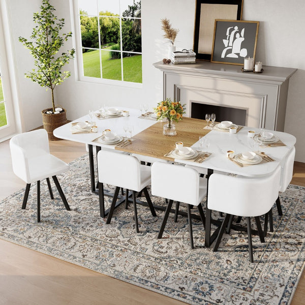English Elm 9-piece Square Dining Set Faux Marble Wood Grain Table with 8 Leather Chairs W3875S00148