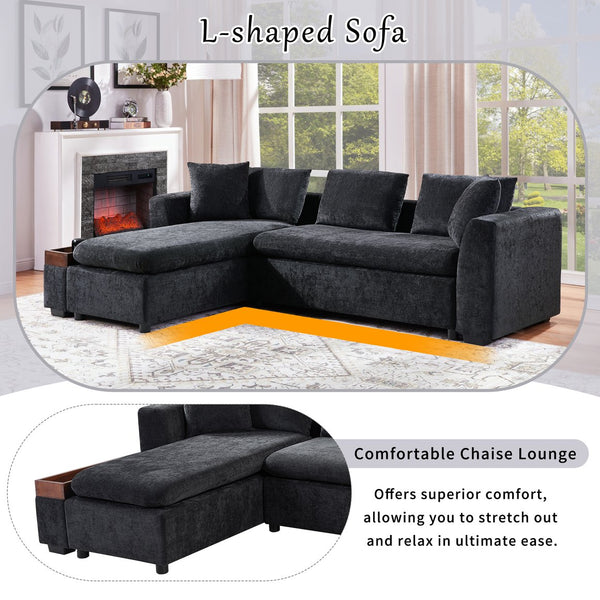 English Elm Sectional Chenille L-Shaped Sofa with Hidden Wooden Storage, Deep 18.9" Seats & Pocket Springs Black N719S001970B