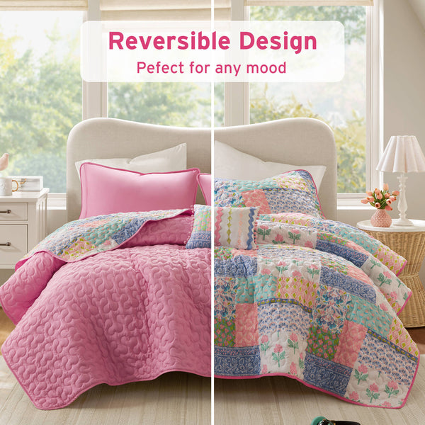 English Elm 4-Piece Full/Queen Quilt Set Pink Floral Coverlet with 2 Shams & Throw Pillow, Soft Microfiber Comfort B035P408452