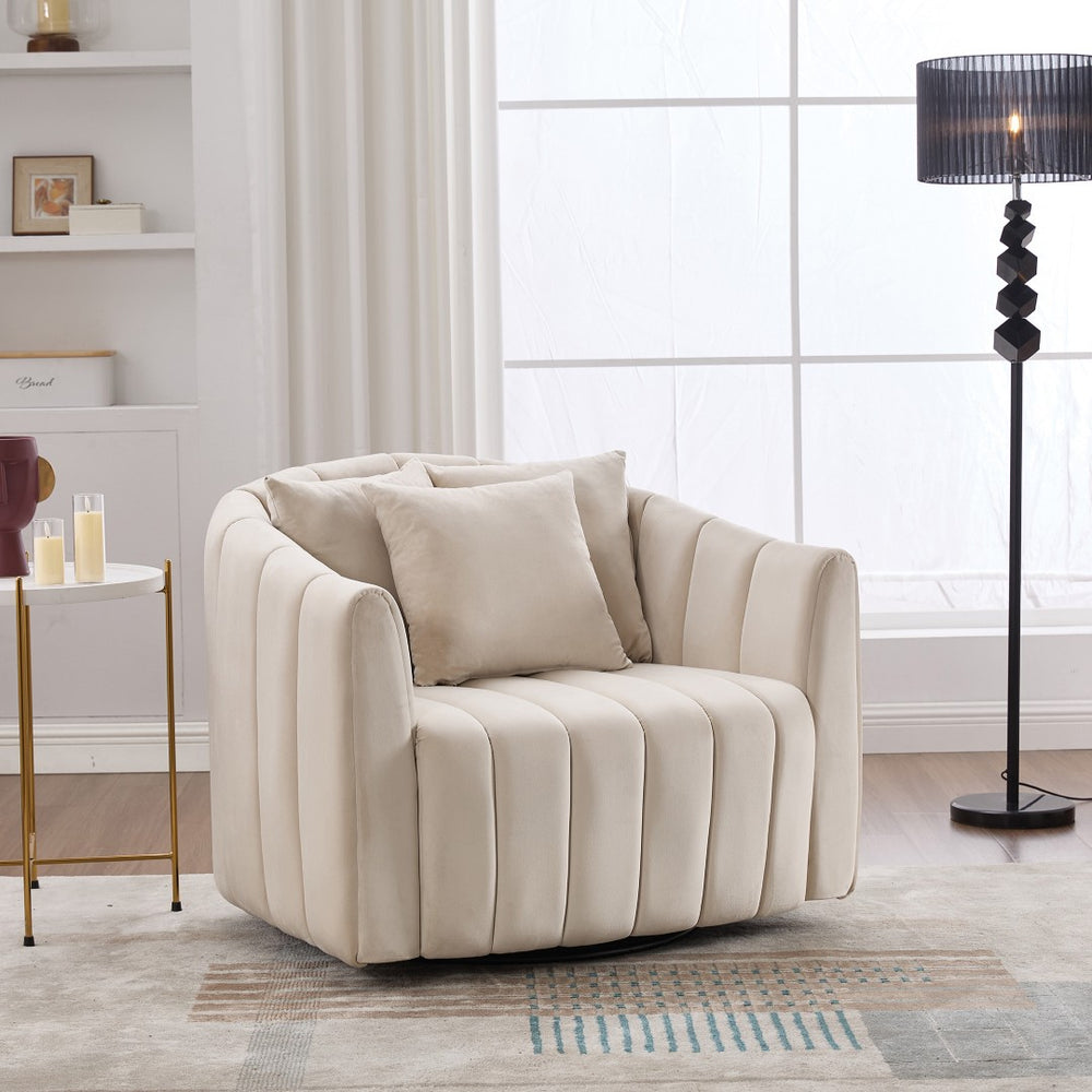 English Elm 40.1"w Velvet Swivel Barrel Chair Oversized Channel Tufted Accent Seat with Pillows W3118S00025