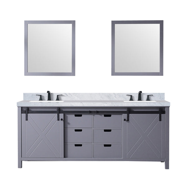English Elm Dark Grey Double Bath Vanity 80 in. W x 22 in. D with Carrara Marble Top, Matte Black Faucets, Mirrors B2731S01075