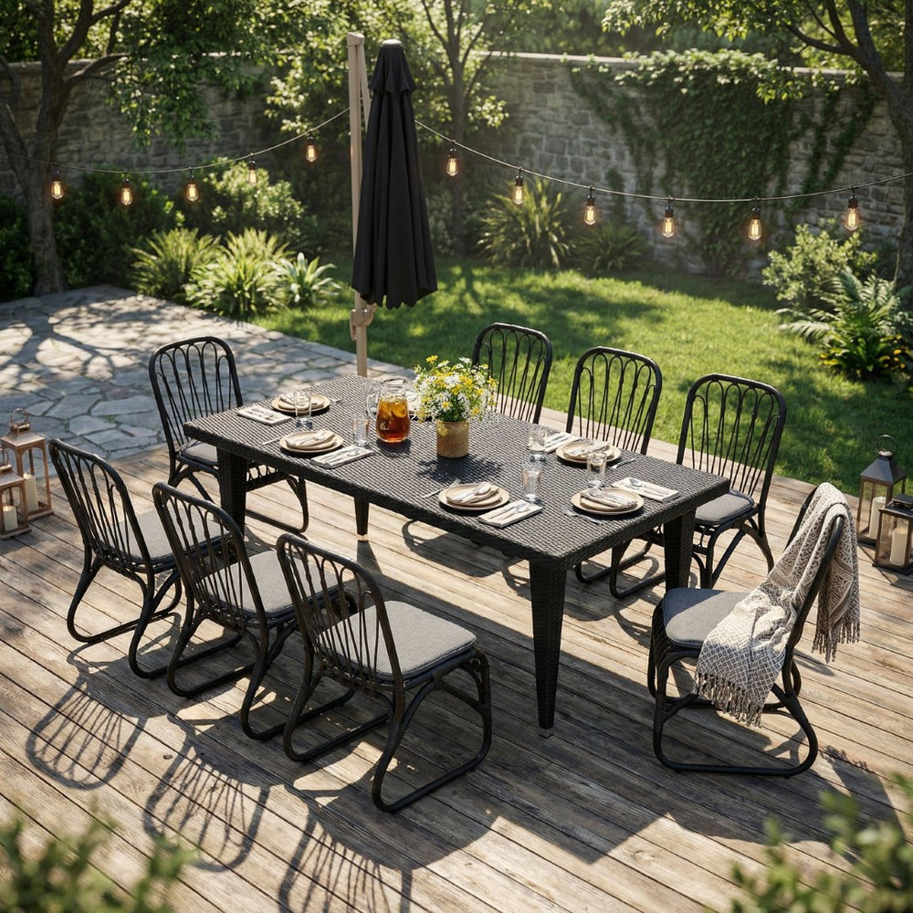 English Elm 9 Piece Outdoor Pe Rattan Dining Set Seats Eight with Iron Frames Patio Ready N762S000008AAE
