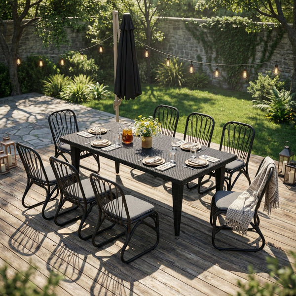 English Elm 9 Piece Outdoor Pe Rattan Dining Set Seats Eight with Iron Frames Patio Ready N762S000008AAE