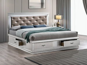 English Elm Lorana King Platform Bed with Led Lighting Tufted Faux Leather Glam Storage Frame Silver B078S00689