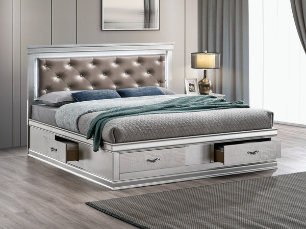 English Elm Lorana King Platform Bed with Led Lighting Tufted Faux Leather Glam Storage Frame Silver B078S00689