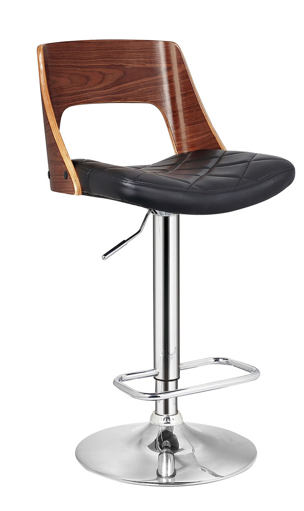 English Elm Bentwood Retro-Modern Adjustable Swivel Bar Stool 24"-32.3" Quilted Black Seat Chrome Accents B347P338403