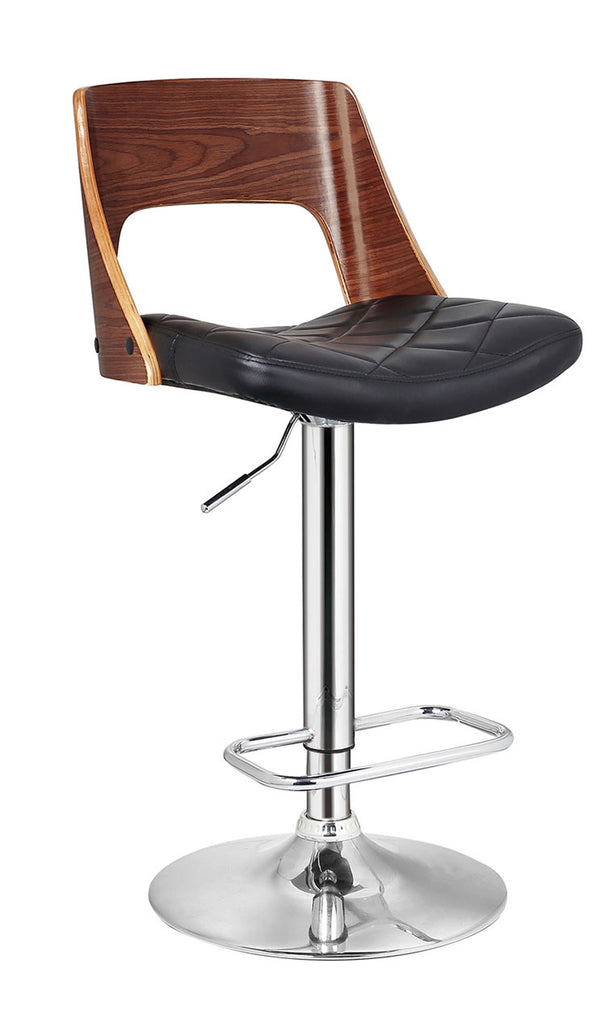 English Elm Bentwood Retro-Modern Adjustable Swivel Bar Stool 24"-32.3" Quilted Black Seat Chrome Accents B347P338403