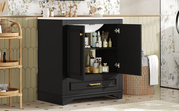 English Elm 30" Elegant Bathroom Vanity with Ceramic Sink, French-Inspired Compact Cabinet with Drawer & Shelf Black N710P317676B