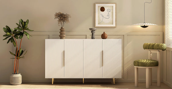 English Elm White Modern Fluted Sideboard Buffet with Adjustable Shelves, Art Deco MDF Credenza Console, Spacious Storage Elegance W1321P171784