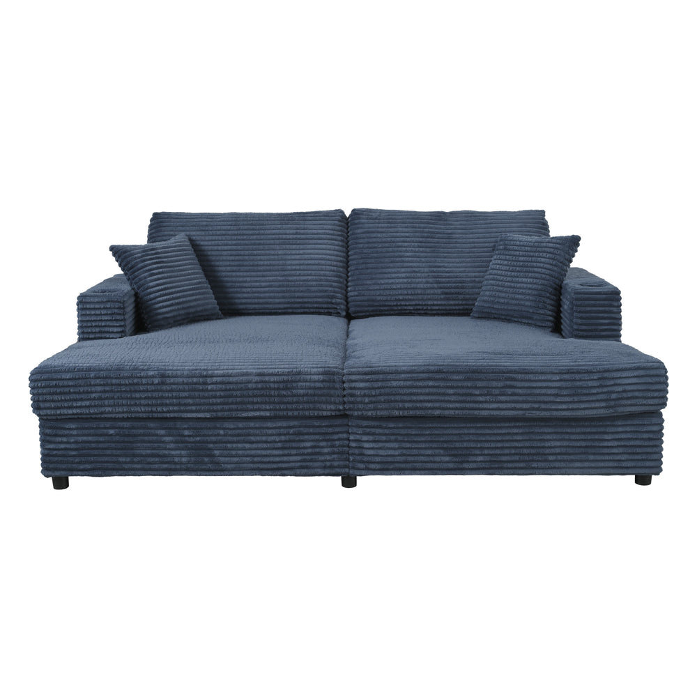 English Elm 86.5" Oversized Loveseat Chaise Lounge Sectional Sofa Bed Corduroy with USB Ports, Cup Holders & Pillows Blue N719P232602C