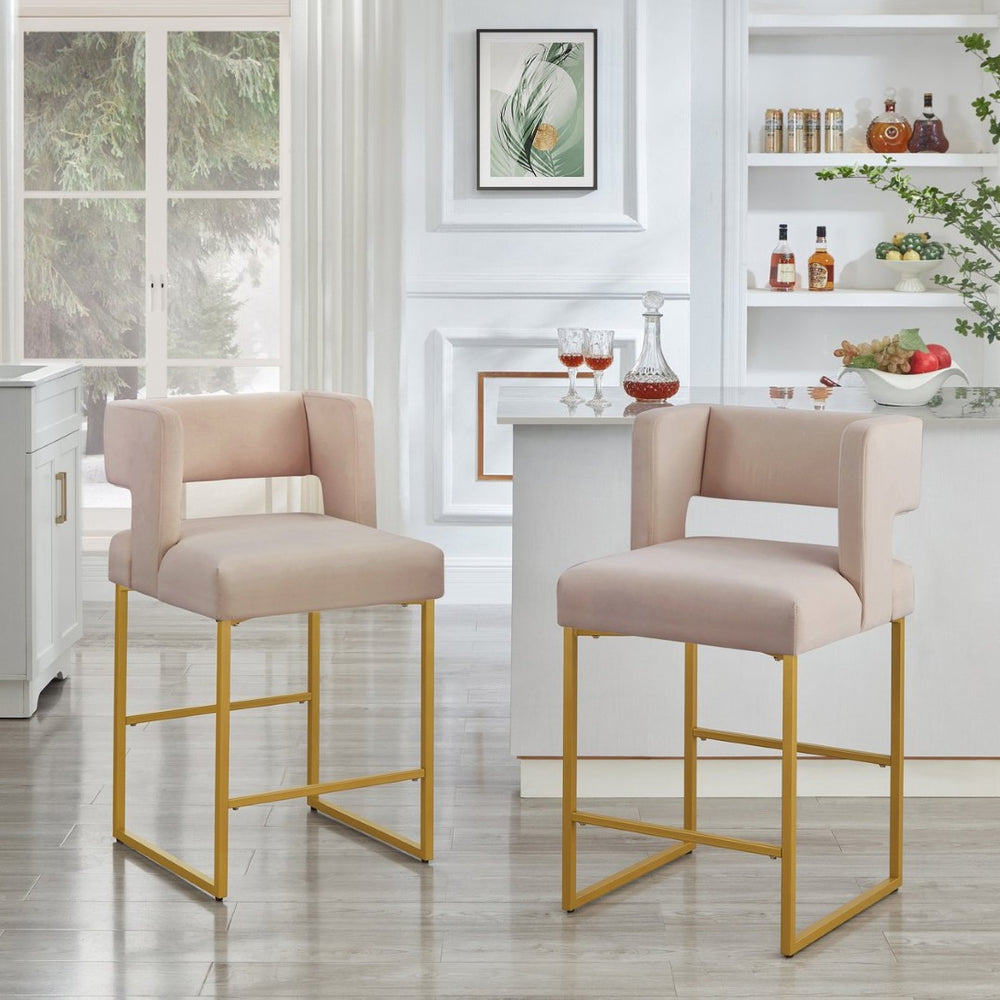 English Elm Modern Linen Upholstered Counter Stools with Gold Iron Frame Set of 2 for Kitchen W2186P263279