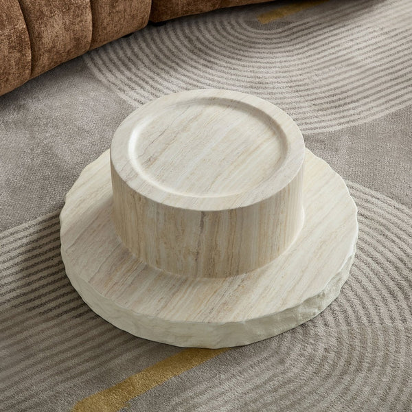 English Elm 31.69 Inch Round Fiberglass Coffee Table Sculptural Stone Finish for Modern Living Room W876P450501