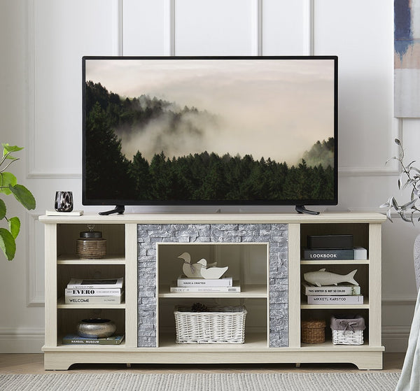 English Elm Mantel Stone TV Media Stand with Faux Stacked Stone Surround, Modern Console with Ample Storage and Cable Management for TVs up to 65" White W1758P187685