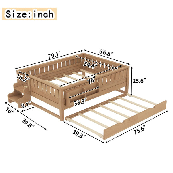 English Elm Twin Kids Platform Bed with Trundle Staircase Bookshelf and Rounded Safety Rails Natural W1580S00561