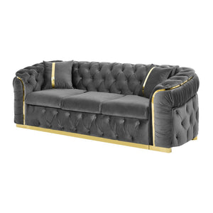 English Elm 2pcs Italian Velvet Chesterfield Sofa Set Tufted Three Seater with Gold Steel Legs Gray W1191S00043