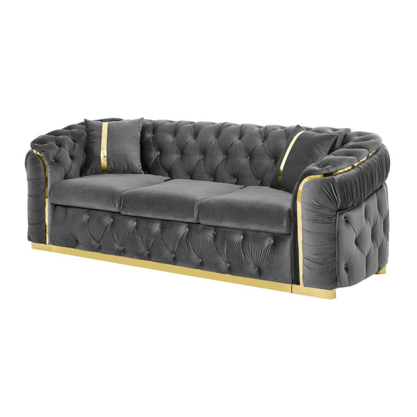 English Elm 2pcs Italian Velvet Chesterfield Sofa Set Tufted Three Seater with Gold Steel Legs Gray W1191S00043