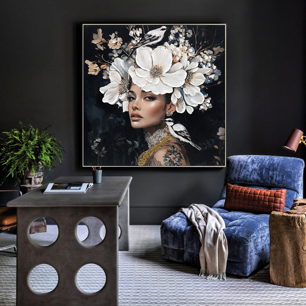 English Elm Floral Black White Woman Canvas Art with Bird Tattoo Portrait — Modern Aesthetic Oil Print for Home Decor W3374P322231