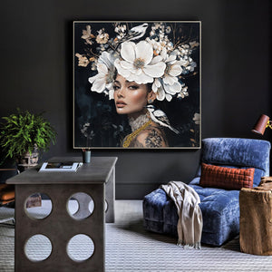 English Elm Floral Black White Woman Canvas Art with Bird Tattoo Portrait — Modern Aesthetic Oil Print for Home Decor W3374P322231