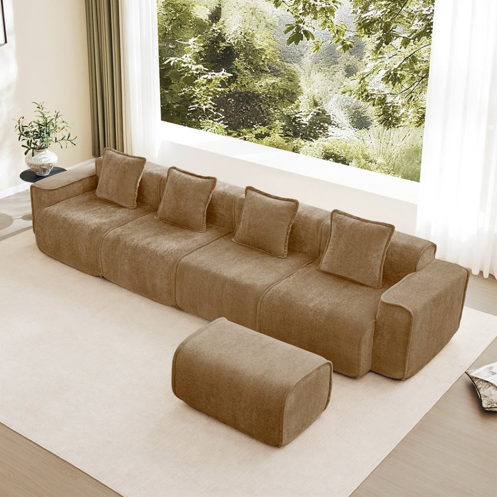 English Elm Streamlined Modular L-shaped Sectional Velvet Sofa with Ottoman and Tailored Piping Detail Brown W3041S00376