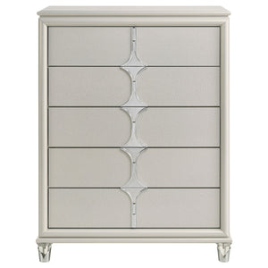 English Elm Gwendolyn Pearl White 5-Drawer Chest of Drawers — Retro Art Deco Diamond Trim, Acrylic Legs & Chrome Accents B062P375503