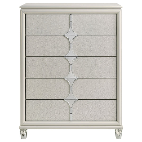 English Elm Gwendolyn Pearl White 5-Drawer Chest of Drawers — Retro Art Deco Diamond Trim, Acrylic Legs & Chrome Accents B062P375503