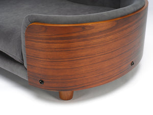 English Elm Scandinavian Mid-century Pet Sofa with Walnut Bentwood Back and Navy Velvet Cushion Dark Grey W794125938