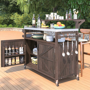 English Elm K&K 53.3" Outdoor Kitchen Island with 1.2" Stainless Top, Spacious Storage, Raised Shelf, Wheels Brown N707P250628Z
