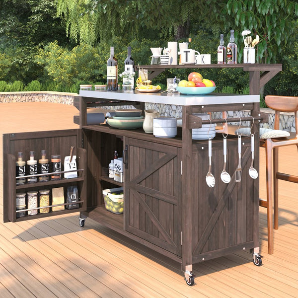 English Elm K&K 53.3" Outdoor Kitchen Island with 1.2" Stainless Top, Spacious Storage, Raised Shelf, Wheels Brown N707P250628Z