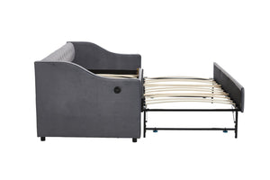 English Elm Twin Velvet Daybed with Pull Out Trundle Tufted Back Usb Port and Side Pockets Grey W1361S00036