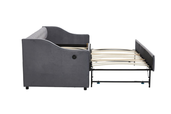 English Elm Twin Velvet Daybed with Pull Out Trundle Tufted Back Usb Port and Side Pockets Grey W1361S00036