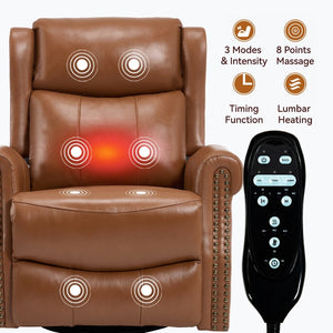 English Elm Heat Massage Swivel Rocker Recliner in Genuine Leather for Living Room Comfort W3224S00015