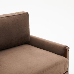 English Elm Mid-century Modern Boucle Upholstered Three Seat Sofa with Walnut Finish Wood Legs Dark Brown N773P411407D