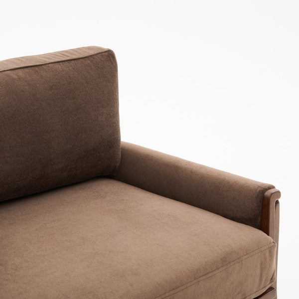 English Elm Mid-century Modern Boucle Upholstered Three Seat Sofa with Walnut Finish Wood Legs Dark Brown N773P411407D