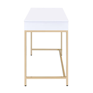 English Elm White White High Gloss and Gold 2-Drawer Writing Desk with Crystal Knobs, Sleek Contemporary Office Elegance B062P191050