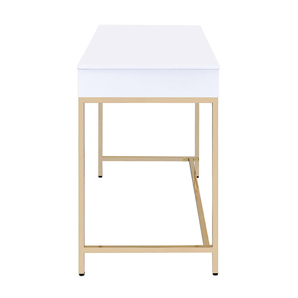 English Elm White White High Gloss and Gold 2-Drawer Writing Desk with Crystal Knobs, Sleek Contemporary Office Elegance B062P191050