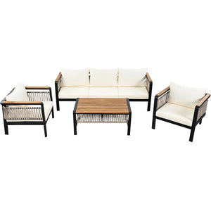 English Elm 4 Pieces Outdoor Sectional Sofa Set with Water-Resistant Cushions, Woven Rope Detail & Acacia Table Beige N719Z000130A