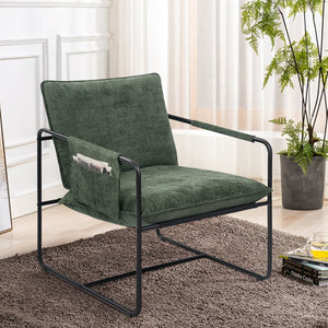 English Elm Accent Chair Mid-Century Rattan Arms Set of 2 with Rubber Wood Legs, Plush Fabric Seat, Cozy Lounge Green T3950P399125