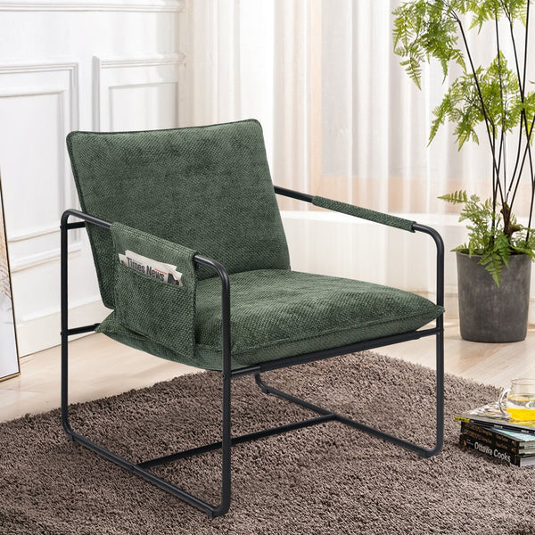 English Elm Accent Chair Mid-Century Rattan Arms Set of 2 with Rubber Wood Legs, Plush Fabric Seat, Cozy Lounge Green T3950P399125