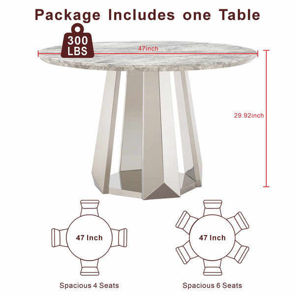 English Elm 47" Round Marble Dining Table - Modern Kitchen Centerpiece With Stylish Faux Marble & Steel Base W3456S00035