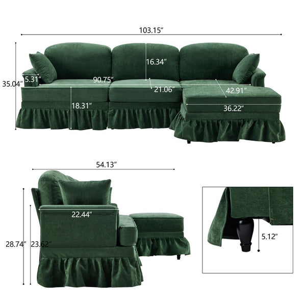 English Elm 103.15'' Chenille L-shaped Sectional Sofa with Detachable Pleated Skirt and Ottoman Green W3612S00046