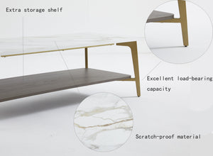 English Elm Coffee Rectangular Coffee Table with Golden Metal Frame & White MDF Shelf, Spacious Open Storage W1911P269599