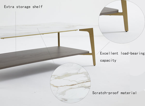 English Elm Coffee Rectangular Coffee Table with Golden Metal Frame & White MDF Shelf, Spacious Open Storage W1911P269599
