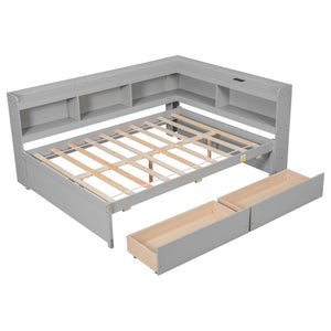 English Elm Full Size L-Shaped Bed With Bookcases, Usb Ports & Drawers - Space-Saving Grey Bedroom Solution W504S00245