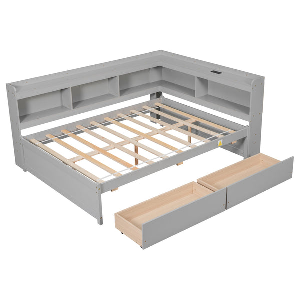 English Elm Full Size L-Shaped Bed With Bookcases, Usb Ports & Drawers - Space-Saving Grey Bedroom Solution W504S00245