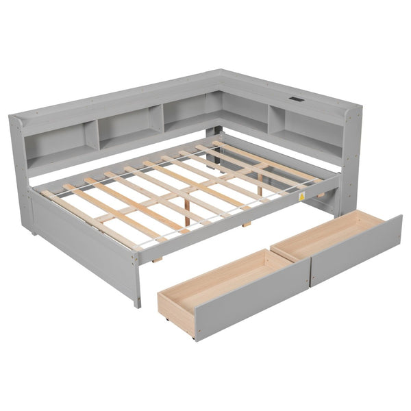 English Elm Full Platform Bed with L-shaped Bookcase Built-in Power Outlets and Storage Drawers Grey W504S00339