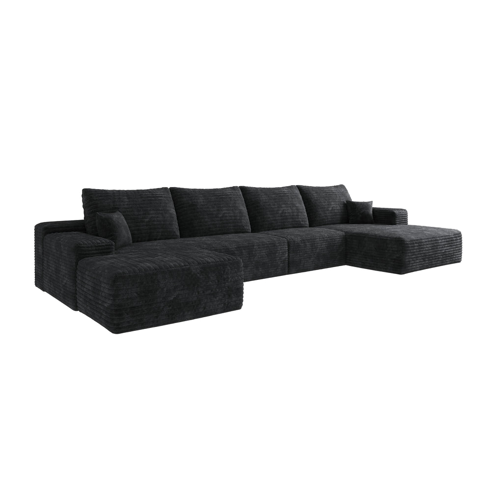 English Elm 107" Cloud Sectional Sofa With Ottoman - Plush Black Corduroy U-Shaped Couch For Ultimate Comfort W2824S00027