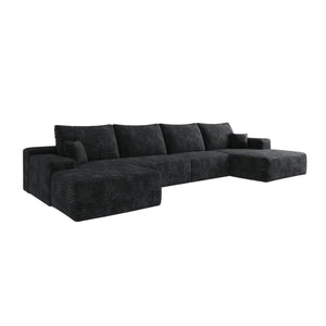 English Elm 107" Cloud Sectional Sofa With Ottoman - Plush Black Corduroy U-Shaped Couch For Ultimate Comfort W2824S00027